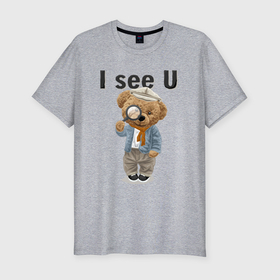 Мужская футболка хлопок Slim с принтом Плюшевый медведь с лупой в Екатеринбурге, 92% хлопок, 8% лайкра | приталенный силуэт, круглый вырез ворота, длина до линии бедра, короткий рукав | 