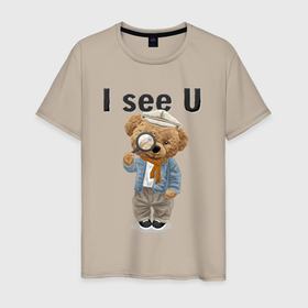 Мужская футболка хлопок с принтом Плюшевый медведь с лупой в Тюмени, 100% хлопок | прямой крой, круглый вырез горловины, длина до линии бедер, слегка спущенное плечо. | 