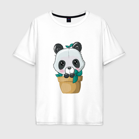 Мужская футболка хлопок Oversize с принтом Милая панда в цветочном горшке в Кировске, 100% хлопок | свободный крой, круглый ворот, “спинка” длиннее передней части | Тематика изображения на принте: 