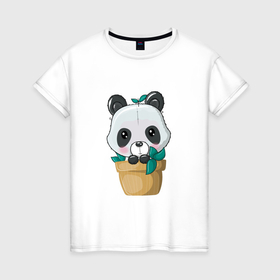 Женская футболка хлопок с принтом Милая панда в цветочном горшке в Кировске, 100% хлопок | прямой крой, круглый вырез горловины, длина до линии бедер, слегка спущенное плечо | Тематика изображения на принте: 
