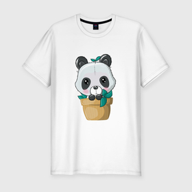 Мужская футболка хлопок Slim с принтом Милая панда в цветочном горшке в Кировске, 92% хлопок, 8% лайкра | приталенный силуэт, круглый вырез ворота, длина до линии бедра, короткий рукав | Тематика изображения на принте: 