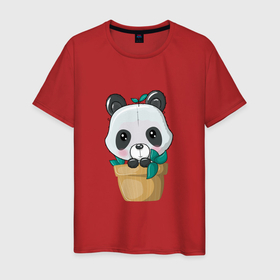 Мужская футболка хлопок с принтом Милая панда в цветочном горшке в Кировске, 100% хлопок | прямой крой, круглый вырез горловины, длина до линии бедер, слегка спущенное плечо. | Тематика изображения на принте: 