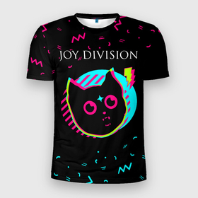 Мужская футболка 3D Slim с принтом Joy Division   rock star cat в Тюмени, 100% полиэстер с улучшенными характеристиками | приталенный силуэт, круглая горловина, широкие плечи, сужается к линии бедра | Тематика изображения на принте: 