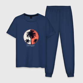 Мужская пижама хлопок с принтом Гавайи и пальмы в Кировске, 100% хлопок | брюки и футболка прямого кроя, без карманов, на брюках мягкая резинка на поясе и по низу штанин
 | 