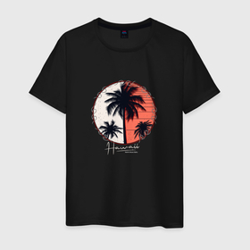 Мужская футболка хлопок с принтом Гавайи и пальмы в Курске, 100% хлопок | прямой крой, круглый вырез горловины, длина до линии бедер, слегка спущенное плечо. | Тематика изображения на принте: 