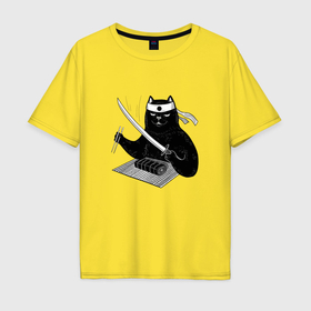 Мужская футболка хлопок Oversize с принтом Кот сушист самурай в Белгороде, 100% хлопок | свободный крой, круглый ворот, “спинка” длиннее передней части | 