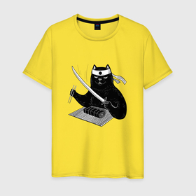 Мужская футболка хлопок с принтом Кот сушист самурай в Кировске, 100% хлопок | прямой крой, круглый вырез горловины, длина до линии бедер, слегка спущенное плечо. | 