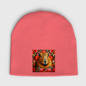 Мужская шапка демисезонная с принтом Капибара с цветами роспись хохлома в Петрозаводске,  |  | Тематика изображения на принте: 