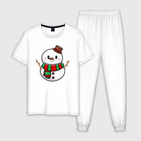 Мужская пижама хлопок с принтом Снеговичок в Тюмени, 100% хлопок | брюки и футболка прямого кроя, без карманов, на брюках мягкая резинка на поясе и по низу штанин
 | Тематика изображения на принте: 