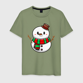 Мужская футболка хлопок с принтом Снеговичок в Санкт-Петербурге, 100% хлопок | прямой крой, круглый вырез горловины, длина до линии бедер, слегка спущенное плечо. | 