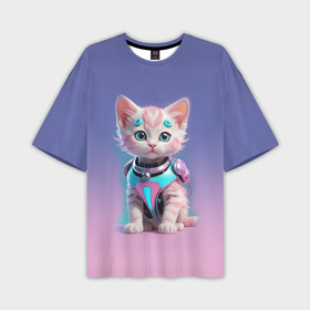 Мужская футболка oversize 3D с принтом Милый котёнок   киберпанк милашка ,  |  | Тематика изображения на принте: 