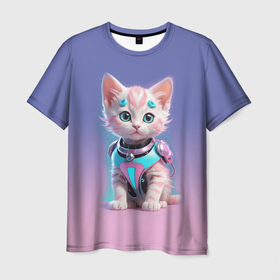 Мужская футболка 3D с принтом Милый котёнок   киберпанк милашка , 100% полиэфир | прямой крой, круглый вырез горловины, длина до линии бедер | Тематика изображения на принте: 