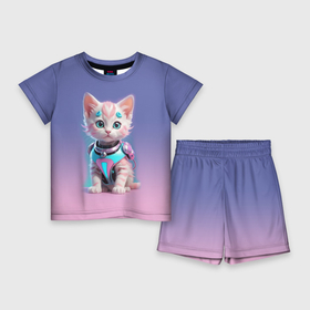 Детский костюм с шортами 3D с принтом Милый котёнок   киберпанк милашка ,  |  | Тематика изображения на принте: 