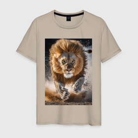 Мужская футболка хлопок с принтом Красивый лев в Екатеринбурге, 100% хлопок | прямой крой, круглый вырез горловины, длина до линии бедер, слегка спущенное плечо. | 