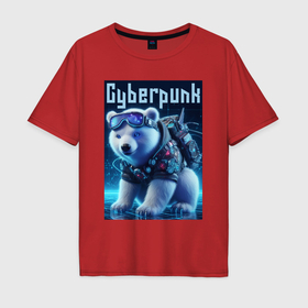 Мужская футболка хлопок Oversize с принтом Белый медвежонок в стиле киберпанк в Белгороде, 100% хлопок | свободный крой, круглый ворот, “спинка” длиннее передней части | Тематика изображения на принте: 