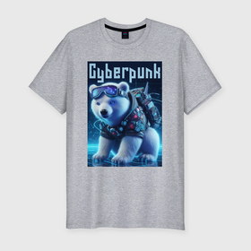 Мужская футболка хлопок Slim с принтом Белый медвежонок в стиле киберпанк в Белгороде, 92% хлопок, 8% лайкра | приталенный силуэт, круглый вырез ворота, длина до линии бедра, короткий рукав | 