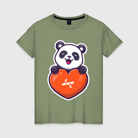 Женская футболка хлопок с принтом Сердечная панда в Кировске, 100% хлопок | прямой крой, круглый вырез горловины, длина до линии бедер, слегка спущенное плечо | 