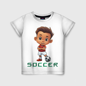 Детская футболка 3D с принтом Футболист soccer в Белгороде, 100% гипоаллергенный полиэфир | прямой крой, круглый вырез горловины, длина до линии бедер, чуть спущенное плечо, ткань немного тянется | 