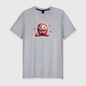 Мужская футболка хлопок Slim с принтом Влюбленный ёж с сердечками в Белгороде, 92% хлопок, 8% лайкра | приталенный силуэт, круглый вырез ворота, длина до линии бедра, короткий рукав | 