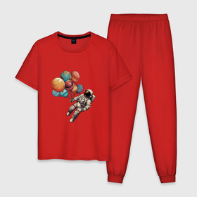 Мужская пижама хлопок с принтом Космонавт с воздушными шариками в виде планет в Новосибирске, 100% хлопок | брюки и футболка прямого кроя, без карманов, на брюках мягкая резинка на поясе и по низу штанин
 | 