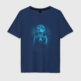 Мужская футболка хлопок Oversize с принтом Медведь ночью в лесу на фоне луны в Курске, 100% хлопок | свободный крой, круглый ворот, “спинка” длиннее передней части | Тематика изображения на принте: 