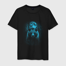 Мужская футболка хлопок с принтом Медведь ночью в лесу на фоне луны в Курске, 100% хлопок | прямой крой, круглый вырез горловины, длина до линии бедер, слегка спущенное плечо. | Тематика изображения на принте: 