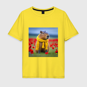 Мужская футболка хлопок Oversize с принтом Капибара в шарфике и маковое поле с цветами в Петрозаводске, 100% хлопок | свободный крой, круглый ворот, “спинка” длиннее передней части | 