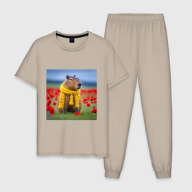 Мужская пижама хлопок с принтом Капибара в шарфике и маковое поле с цветами в Петрозаводске, 100% хлопок | брюки и футболка прямого кроя, без карманов, на брюках мягкая резинка на поясе и по низу штанин
 | 