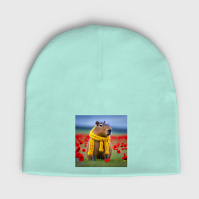Мужская шапка демисезонная с принтом Капибара в шарфике и маковое поле с цветами в Петрозаводске,  |  | 