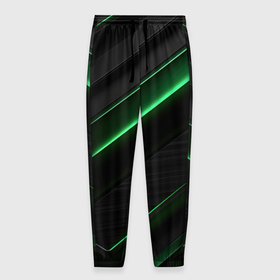 Мужские брюки 3D с принтом Зеленые яркие полосы черная абстракция в Новосибирске, 100% полиэстер | манжеты по низу, эластичный пояс регулируется шнурком, по бокам два кармана без застежек, внутренняя часть кармана из мелкой сетки | 