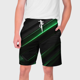 Мужские шорты 3D с принтом Зеленые яркие полосы черная абстракция в Кировске,  полиэстер 100% | прямой крой, два кармана без застежек по бокам. Мягкая трикотажная резинка на поясе, внутри которой широкие завязки. Длина чуть выше колен | 