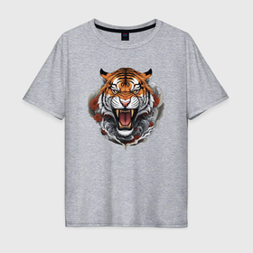 Мужская футболка хлопок Oversize с принтом Тигр с цветами в японском стиле в Петрозаводске, 100% хлопок | свободный крой, круглый ворот, “спинка” длиннее передней части | 