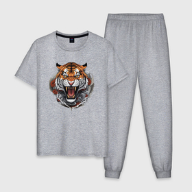 Мужская пижама хлопок с принтом Тигр с цветами в японском стиле в Новосибирске, 100% хлопок | брюки и футболка прямого кроя, без карманов, на брюках мягкая резинка на поясе и по низу штанин
 | Тематика изображения на принте: 