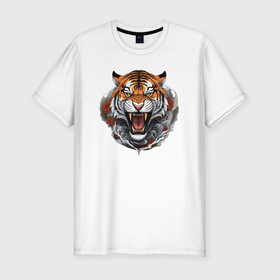 Мужская футболка хлопок Slim с принтом Тигр с цветами в японском стиле в Новосибирске, 92% хлопок, 8% лайкра | приталенный силуэт, круглый вырез ворота, длина до линии бедра, короткий рукав | Тематика изображения на принте: 