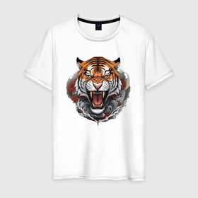 Мужская футболка хлопок с принтом Тигр с цветами в японском стиле в Новосибирске, 100% хлопок | прямой крой, круглый вырез горловины, длина до линии бедер, слегка спущенное плечо. | Тематика изображения на принте: 