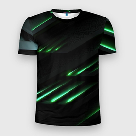Мужская футболка 3D Slim с принтом Спортивный черно зеленый стиль в Екатеринбурге, 100% полиэстер с улучшенными характеристиками | приталенный силуэт, круглая горловина, широкие плечи, сужается к линии бедра | 