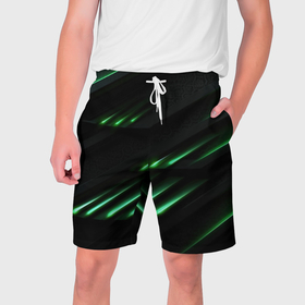 Мужские шорты 3D с принтом Спортивный черно зеленый стиль в Новосибирске,  полиэстер 100% | прямой крой, два кармана без застежек по бокам. Мягкая трикотажная резинка на поясе, внутри которой широкие завязки. Длина чуть выше колен | 