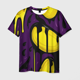 Мужская футболка 3D с принтом Желтые яркие пятна краски на фиолетовом в Петрозаводске, 100% полиэфир | прямой крой, круглый вырез горловины, длина до линии бедер | Тематика изображения на принте: 