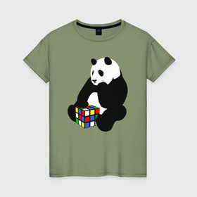 Женская футболка хлопок с принтом Панда с кубиком в Кировске, 100% хлопок | прямой крой, круглый вырез горловины, длина до линии бедер, слегка спущенное плечо | 