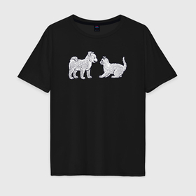 Мужская футболка хлопок Oversize с принтом Собачка кошечка в Екатеринбурге, 100% хлопок | свободный крой, круглый ворот, “спинка” длиннее передней части | 