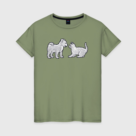 Женская футболка хлопок с принтом Собачка кошечка в Курске, 100% хлопок | прямой крой, круглый вырез горловины, длина до линии бедер, слегка спущенное плечо | 