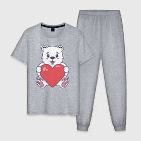 Мужская пижама хлопок с принтом Белый медведь с сердцем в Кировске, 100% хлопок | брюки и футболка прямого кроя, без карманов, на брюках мягкая резинка на поясе и по низу штанин
 | 