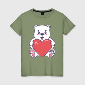 Женская футболка хлопок с принтом Белый медведь с сердцем в Кировске, 100% хлопок | прямой крой, круглый вырез горловины, длина до линии бедер, слегка спущенное плечо | 