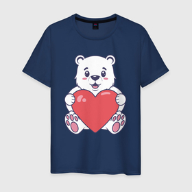 Мужская футболка хлопок с принтом Белый медведь с сердцем , 100% хлопок | прямой крой, круглый вырез горловины, длина до линии бедер, слегка спущенное плечо. | Тематика изображения на принте: 