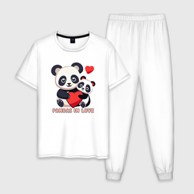 Мужская пижама хлопок с принтом Влюбленные панды с сердцем в Тюмени, 100% хлопок | брюки и футболка прямого кроя, без карманов, на брюках мягкая резинка на поясе и по низу штанин
 | 