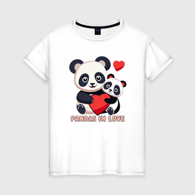 Женская футболка хлопок с принтом Влюбленные панды с сердцем в Кировске, 100% хлопок | прямой крой, круглый вырез горловины, длина до линии бедер, слегка спущенное плечо | 