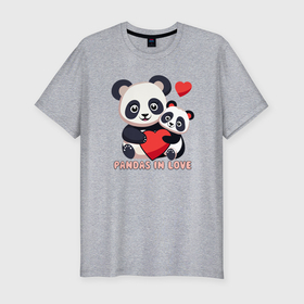 Мужская футболка хлопок Slim с принтом Влюбленные панды с сердцем в Петрозаводске, 92% хлопок, 8% лайкра | приталенный силуэт, круглый вырез ворота, длина до линии бедра, короткий рукав | 