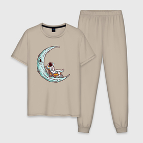 Мужская пижама хлопок с принтом Космонавт чилит на луне в Новосибирске, 100% хлопок | брюки и футболка прямого кроя, без карманов, на брюках мягкая резинка на поясе и по низу штанин
 | Тематика изображения на принте: 