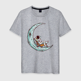 Мужская футболка хлопок с принтом Космонавт чилит на луне в Кировске, 100% хлопок | прямой крой, круглый вырез горловины, длина до линии бедер, слегка спущенное плечо. | 