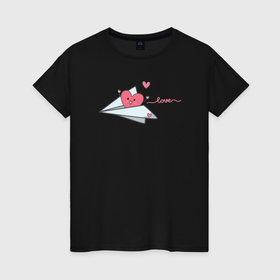 Женская футболка хлопок с принтом Сердце в самолетике в Петрозаводске, 100% хлопок | прямой крой, круглый вырез горловины, длина до линии бедер, слегка спущенное плечо | 